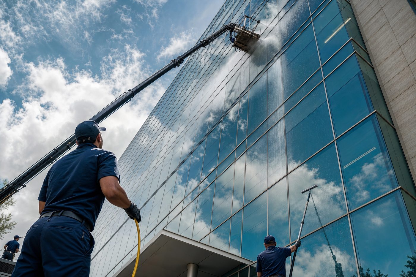 Silva Building Specialists crew performing high-reach exterior pressure washing on a modern Houston glass office tower.