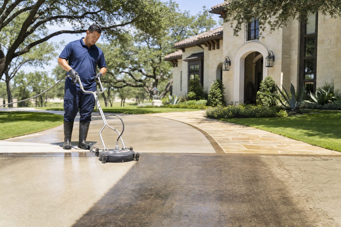 Silva Building Specialists technician using a surface cleaner on a high-end residential driveway, showing a dramatic before/after contrast.